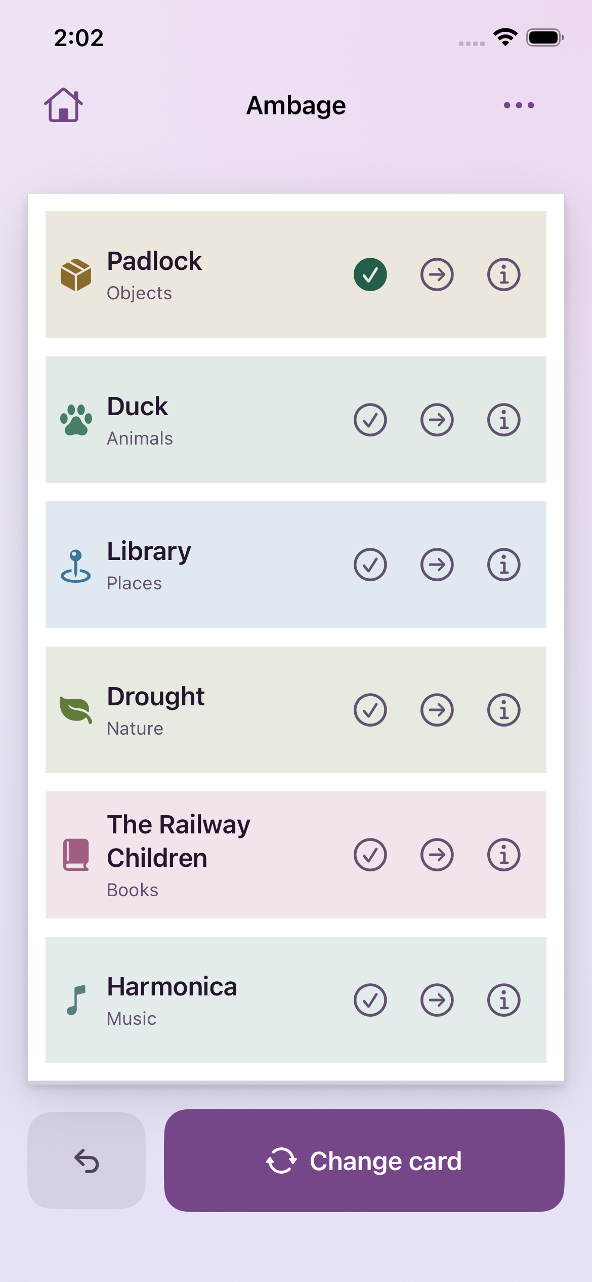 Ambage Free Play on iPhone: six pastel word tiles with Padlock, Duck, Library, Drought, The Railway Children and Harmonica, with correct, pass and definition controls.
